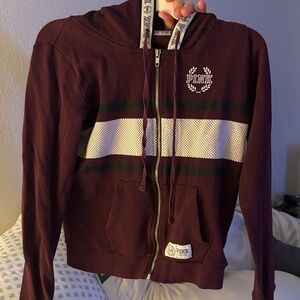 PINK Victoria's Secret Burgundy Hoodie with White and Green Accents